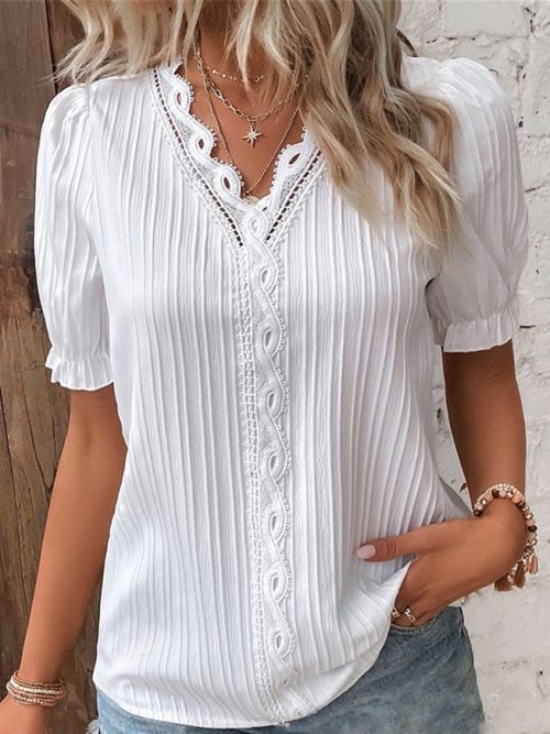Women's Short-sleeved V-neck Lace Solid Color Casual Top