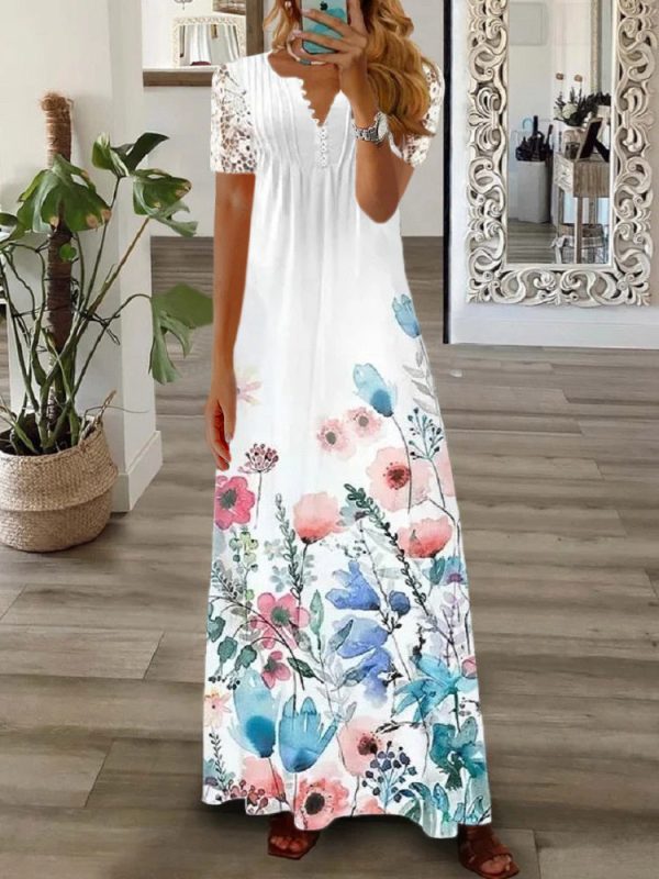 Women's Floral Printed Short Sleeve V-neck Maxi Dress