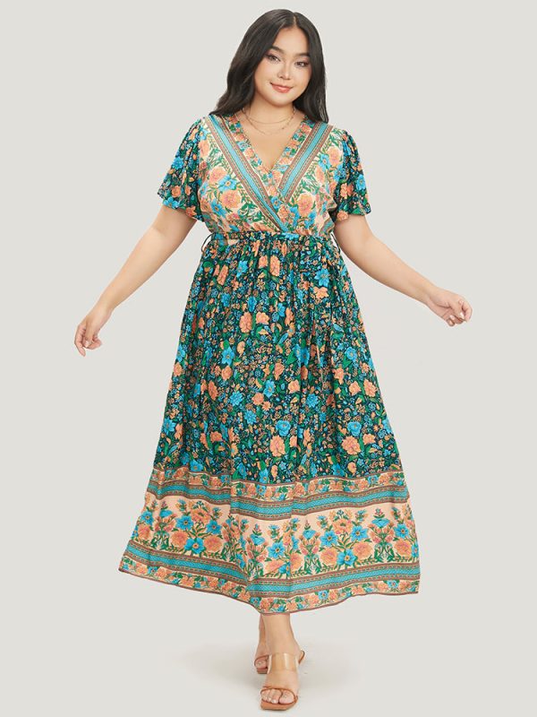 Bandana Surplice Neck Pocket Belted Flutter Hem Maxi Dress