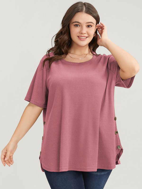 Plain Round Neck Button Detail Waffle Knit Tee