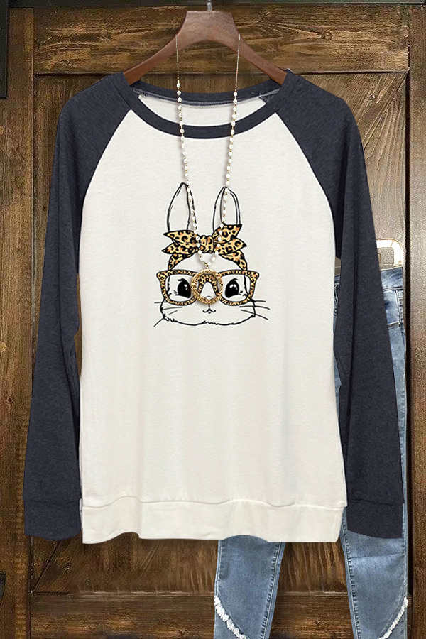 Colorblock Leopard Bunny Print Long Sleeve Top