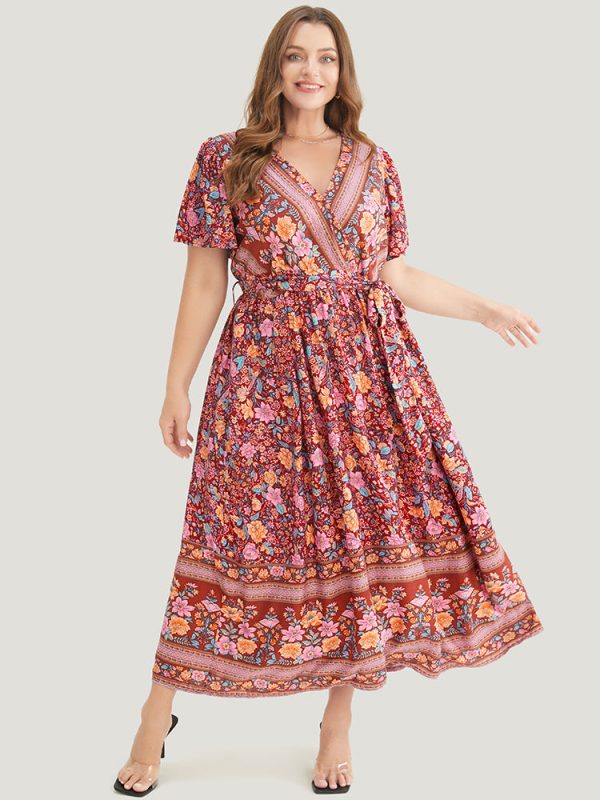 Bandana Surplice Neck Pocket Belted Flutter Hem Maxi Dress