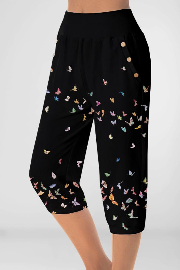 Plus Size Casual Black Butterfly Print Pocket Decorative Button Capris Pants