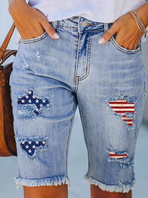 Women's America Flag Hole Patch Fifth Pants Denim Shorts