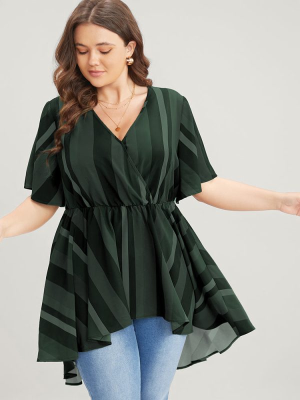 Striped Contrast Wrap Ruffles High Low Hem Blouse