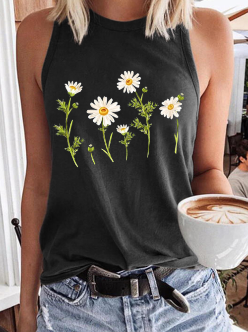 Women's Cute Wildflower Casual Daisy Crew Neck Tank Top