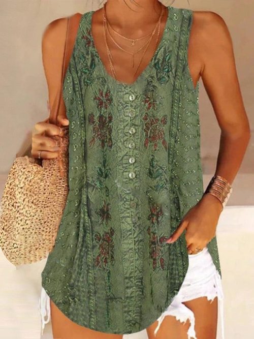 Sage Green Floral Print Button Front Tank Top