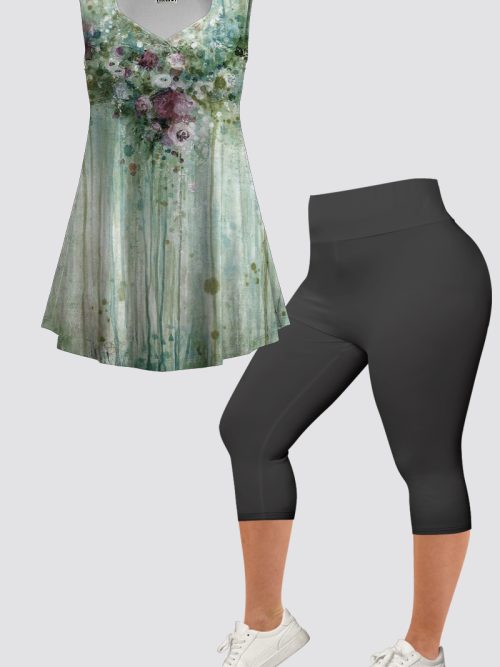 Women's Plus Size Casual Green Retro Floral Print Two Piece Pant Set