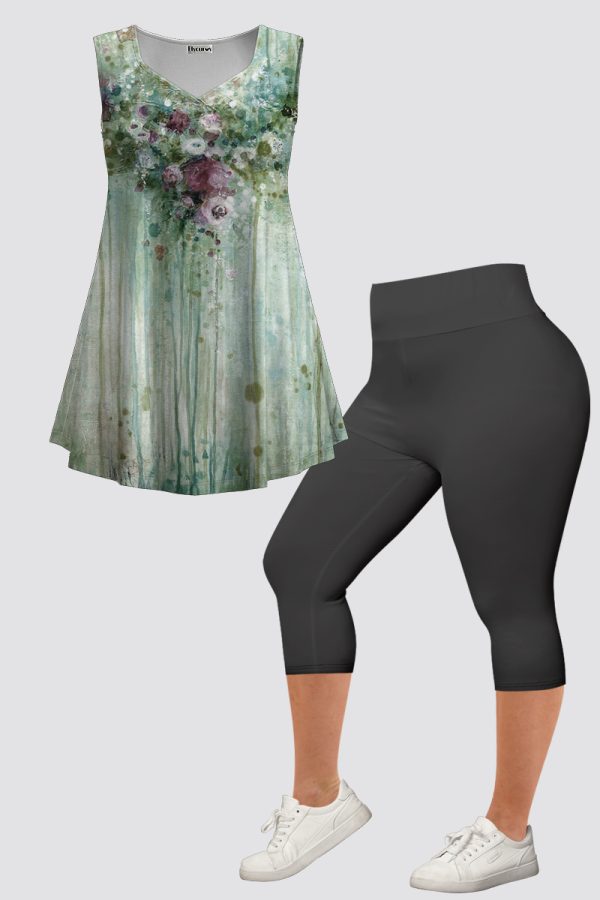 Women's Plus Size Casual Green Retro Floral Print Two Piece Pant Set