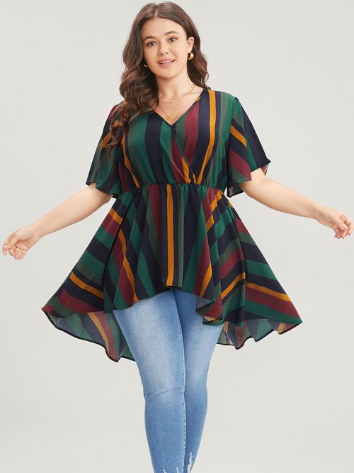 Striped Contrast Wrap Ruffles High Low Hem Blouse