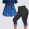 Plus Size Casual Navy Blue Ombre Denim Print Two Piece Pant Set