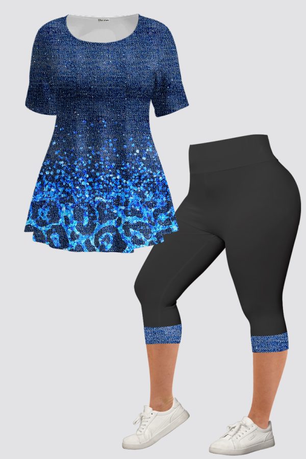 Plus Size Casual Navy Blue Ombre Denim Print Two Piece Pant Set