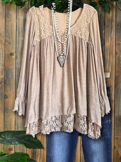 Lace Paneled Ruffled V-Neck Loose Top