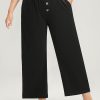 Plain Pocket Mid Rise Button Detail Elastic Waist Pants
