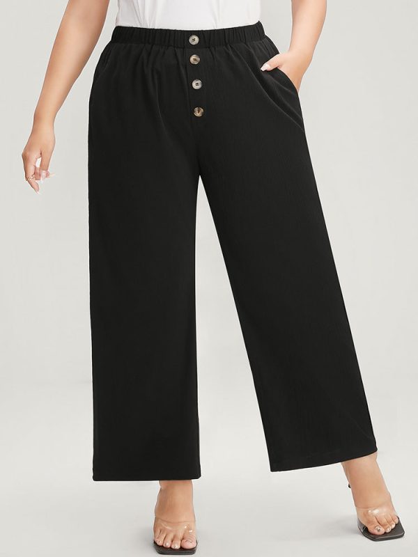Plain Pocket Mid Rise Button Detail Elastic Waist Pants