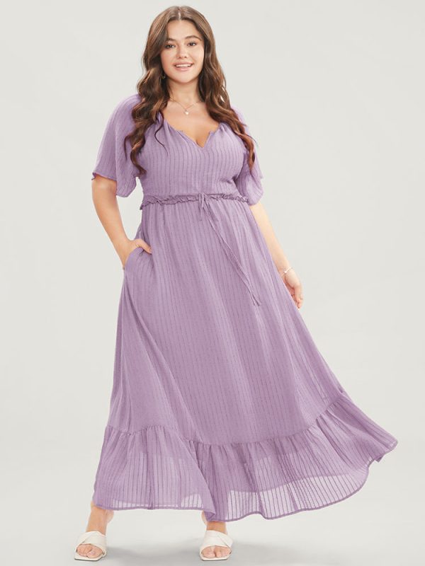 Solid Striped Notched Ties Up Pocket Flutter Maxi Dress