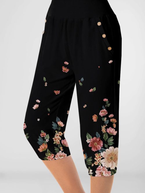 Plus Size Casual Black Plant Floral Print Pocket Capris Pants