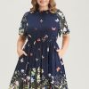 Floral & Butterfly Print Pocket Shirred Mock Neck Ruffles Dress