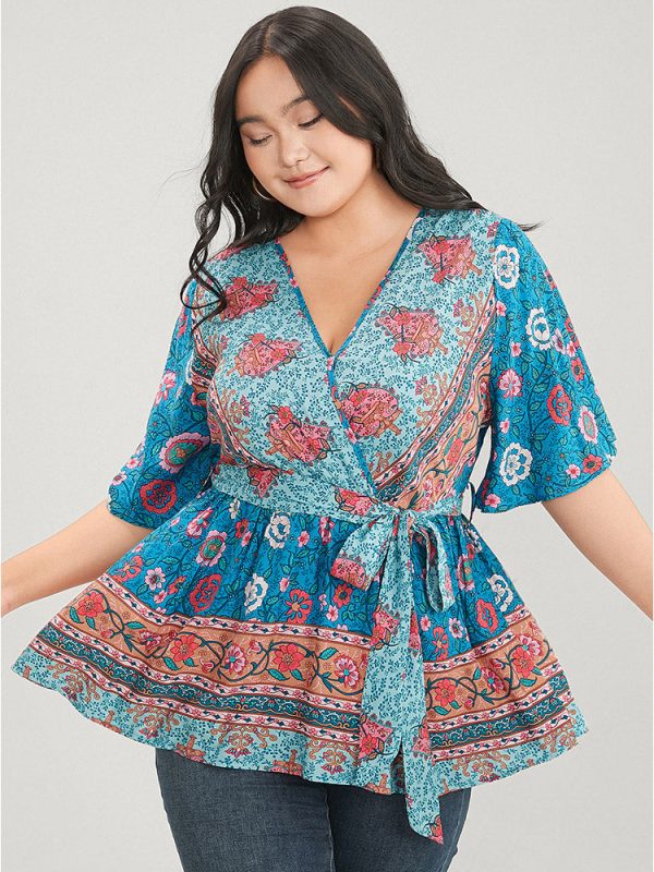 Floral Print Ruffles Belted Wrap Blouse