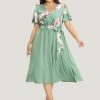 Floral Printed Pocket Ruffles Surplice Neck Belted Midi Dress