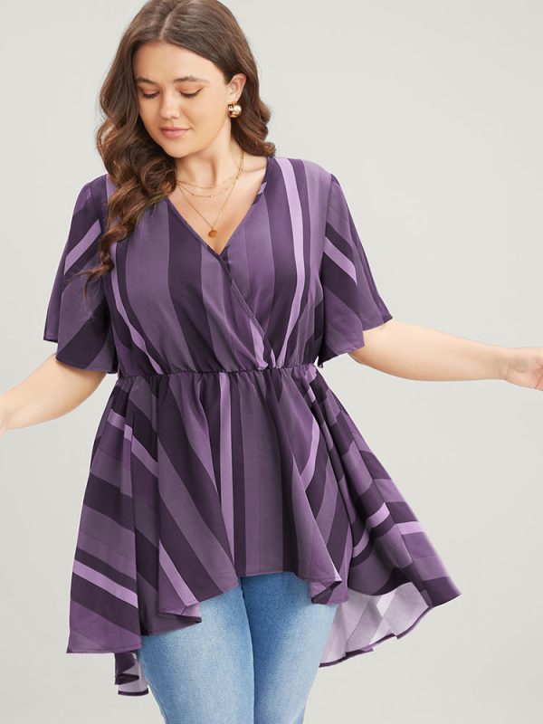 Striped Contrast Wrap Ruffles High Low Hem Blouse