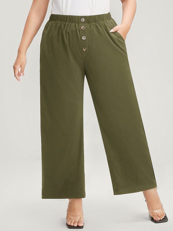 Plain Pocket Mid Rise Button Detail Elastic Waist Pants