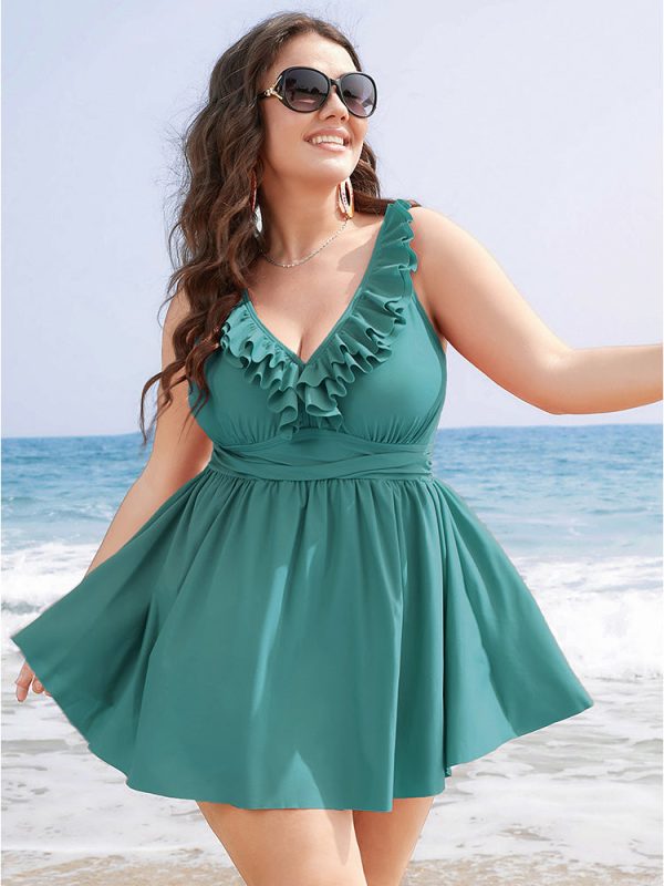 Ruffle Trim Adjustable Straps Gathered Sculpt Waist Swim Dress