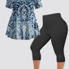 Plus Size Casual Navy Blue Ombre Denim Print Two Piece Pant Set