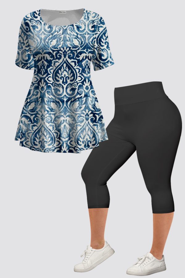 Plus Size Casual Navy Blue Ombre Denim Print Two Piece Pant Set
