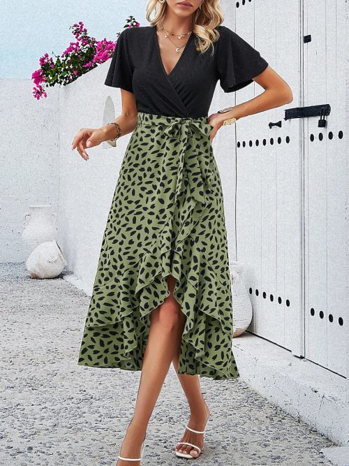 Women Frenchy Wrap Over Tie Printed Waist Short Sleeve Dresses/1-1-1-1