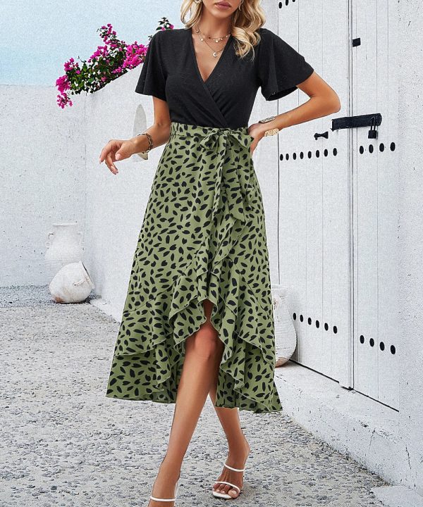 Women Frenchy Wrap Over Tie Printed Waist Short Sleeve Dresses/1-1-1-1