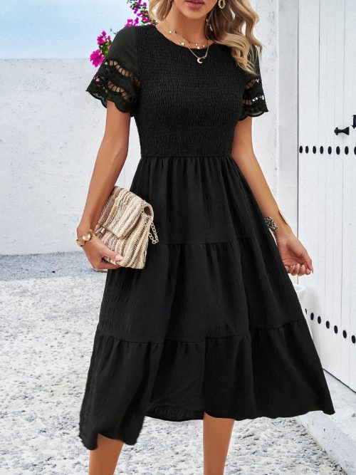 Women Summer Shirred Hollow Out Short Sleeve A-Line Elegant Dresses/1-1-1-1