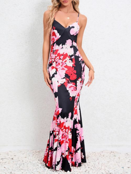 Women Sleeveless Flower Printed Slim Fit Fishtail Backless Maxi Dresses/1-1-1-1-1