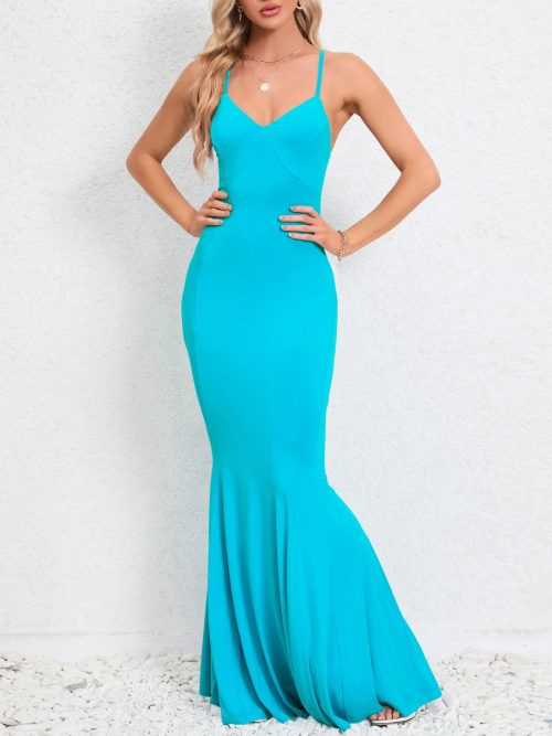 Women Solid Color Fishtail Slim Fit Backless Maxi Dresses/1-1-1-1-1