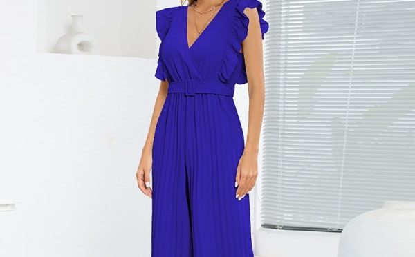 Women's Ruffle Cap Sleeveless V Neck Jumpsuit With Belt/1-1-1-1-1