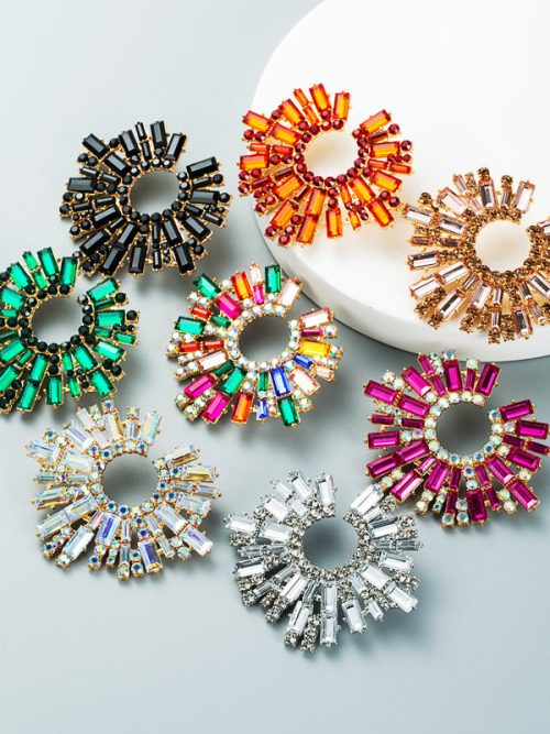 Women Shiny Rhinestone Sun Flower Design Alloy  Irregular Statement Stud Earrings