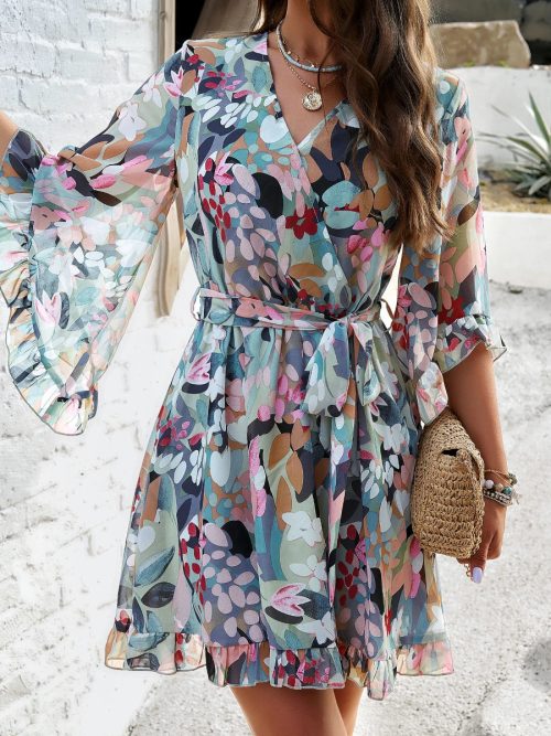 Women Elegant Printed Bell Sleeve Chiffon Wrap Dress with Belt/ 1-1-1-1