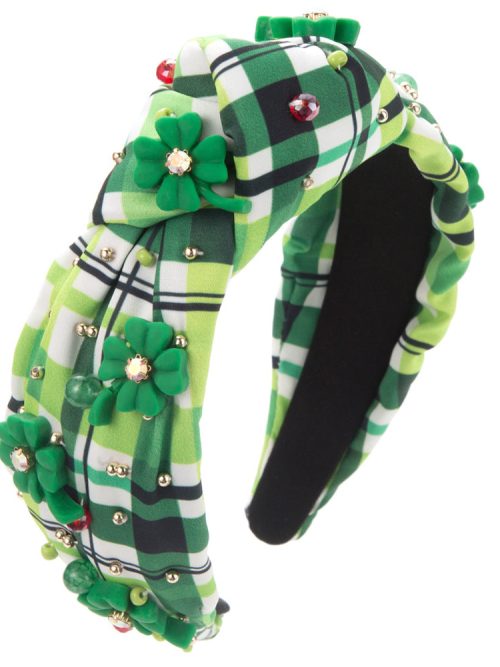 Vintage Green Plaid Flower Fabric Pearl Wide-Brimmed Headband Hairband Hair Accessary