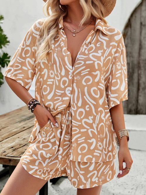 Women Casual Short Sleeve T-Shirt & Shorts Printed Vacation Two-Piece Outfits/1-1-1-1