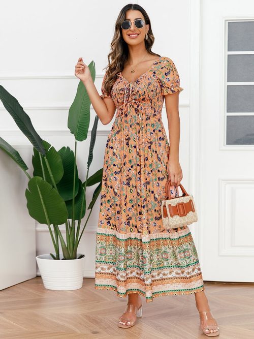 Women Western Style Boho Dresses Printed Short Sleeve Summer Dresses/1-1-1-1-1