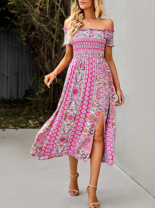 Women Summer Printed Off the Shoulder Short Sleeve Vintage Side Split Dresses/1-1-1-1