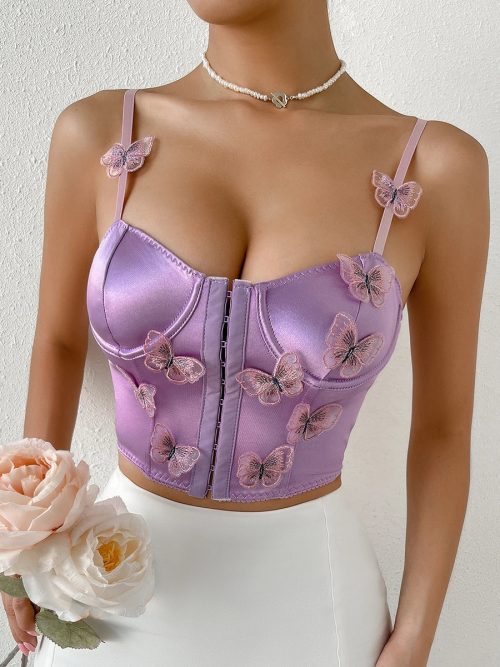 Women Lace Panel Hook-and -Eye Butterfly e Crop Top Adjustable Strap Bustier Cami Top/2-2-1-1