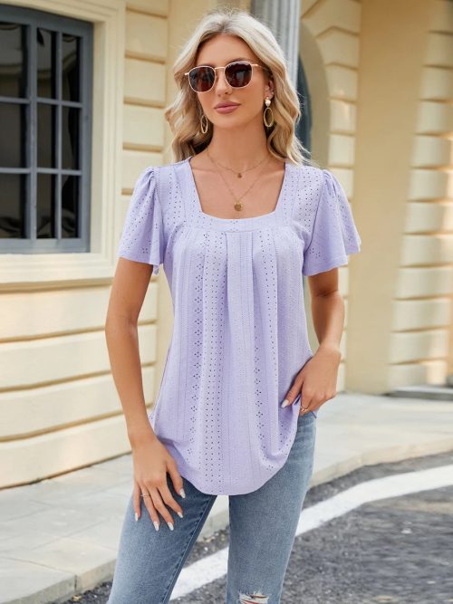 Women Eyelet Fabric Square Neck Short Sleeve Summer T-Shirt Tops / 1-1-1-1-1