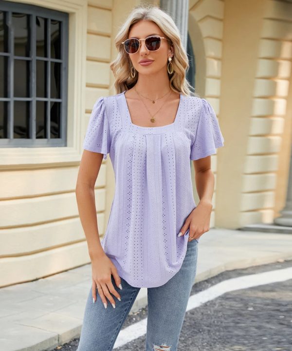 Women Eyelet Fabric Square Neck Short Sleeve Summer T-Shirt Tops / 1-1-1-1-1
