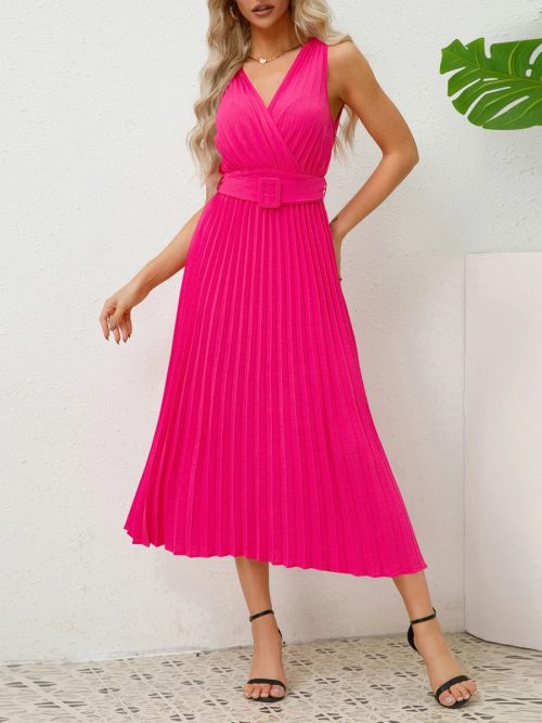 Women Summer Sleeveless V Neck Pleated Midi Dresses/1-1-1-1-1