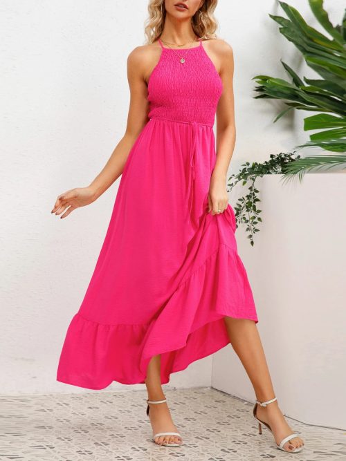 Women Summer Backless Shirred Backless Halter Maxi Dresses /1-1-1-1-1