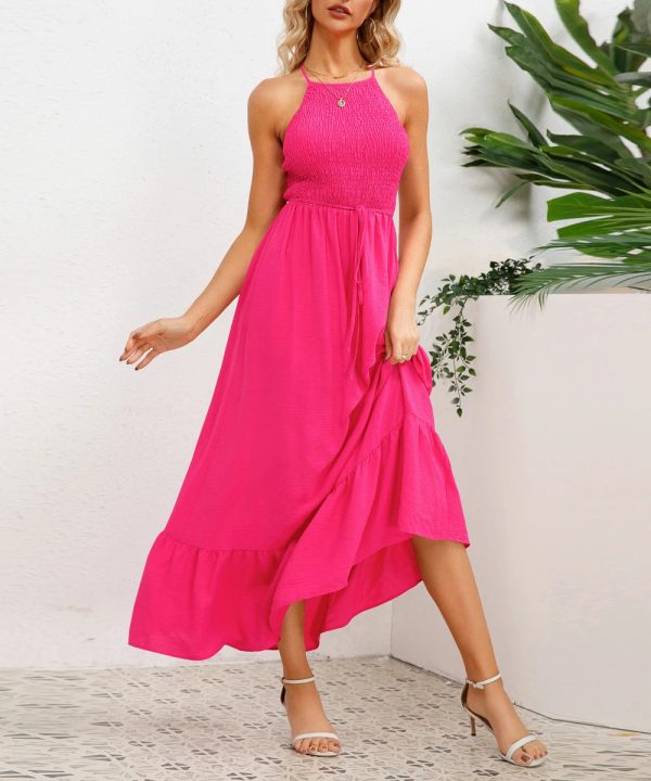 Women Summer Backless Shirred Backless Halter Maxi Dresses /1-1-1-1-1