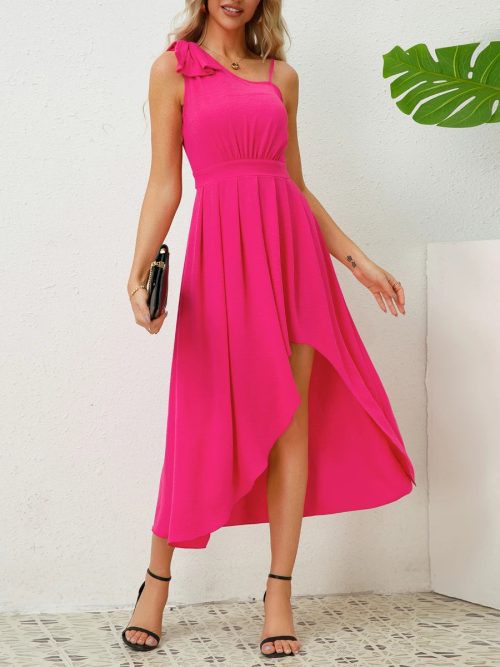 Women Summer Bow Tie Sleeveless Irregular Hem Solid Color Dresses/1-1-1-1-1