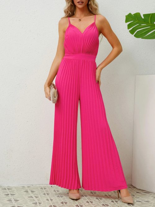 Women Solid Color Wide Leg V Neck Sleeveless Pleated Spaghetti Strap Jumpsuit/1-1-1-1-1