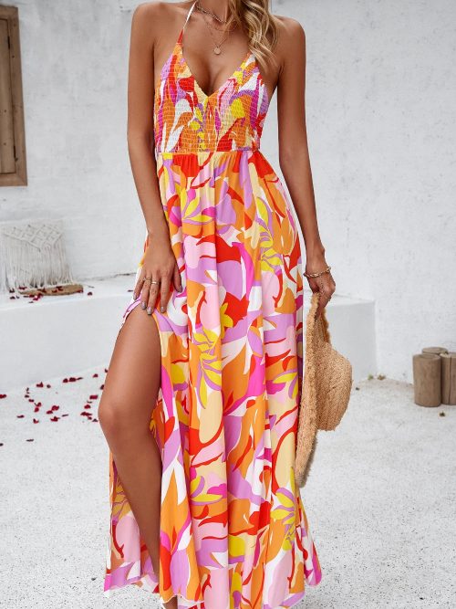 Women Summer Printed Backless Shirred Maxi Dresses/1-1-1-1